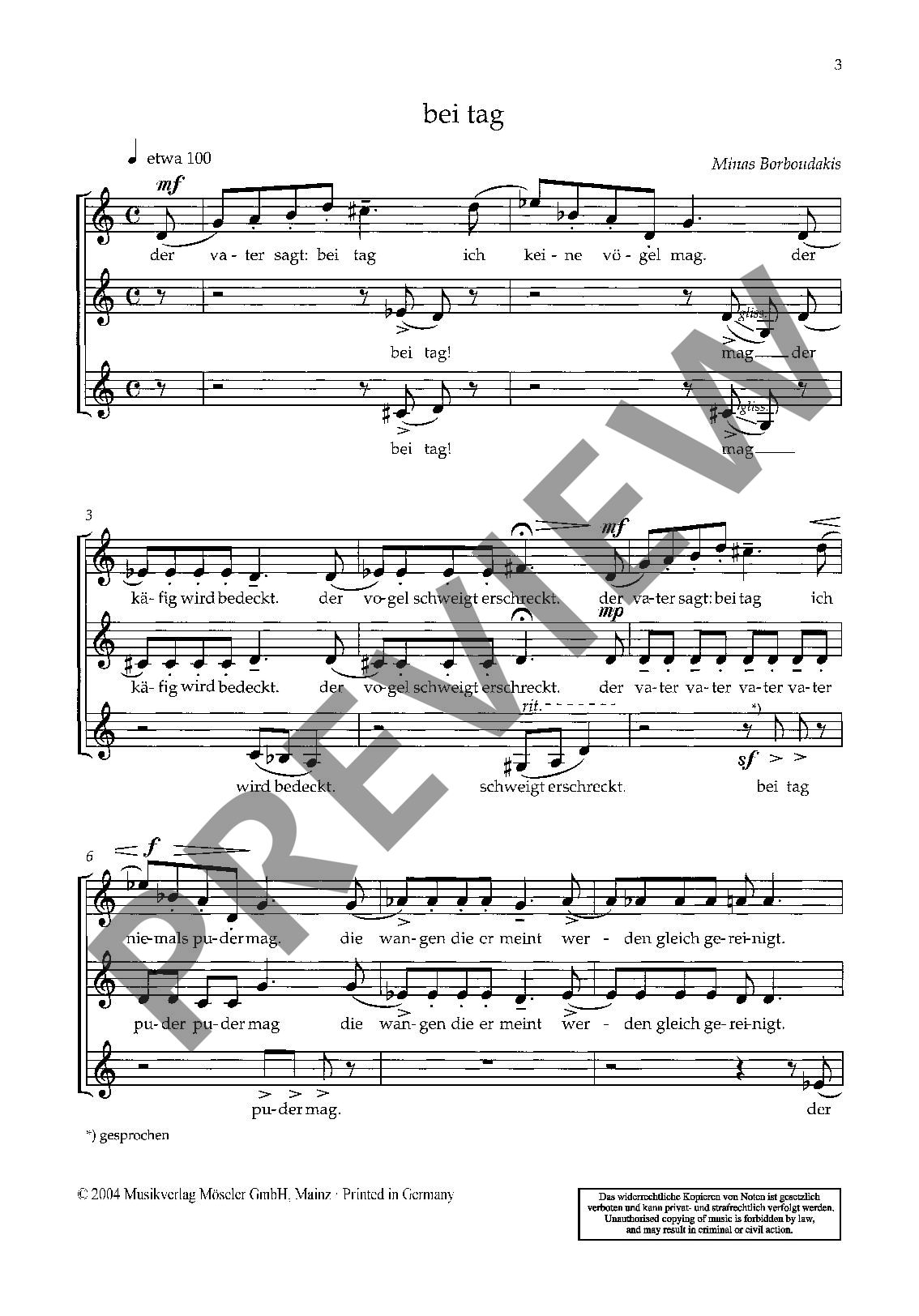 Sample 2 : Borboudakis, Minas : At day, "Der Vater sagt bei Tag" - female choir (SSA) a cappella - Schott Digit