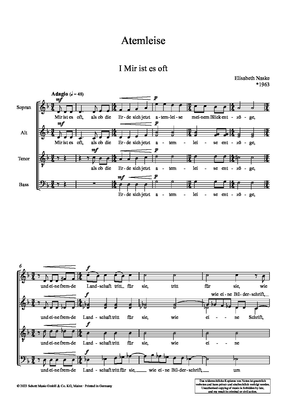 Sample 6 : Naske, Elisabeth : Atemleise, Five musical settings based on poems by Christine Lavant - choir SATB