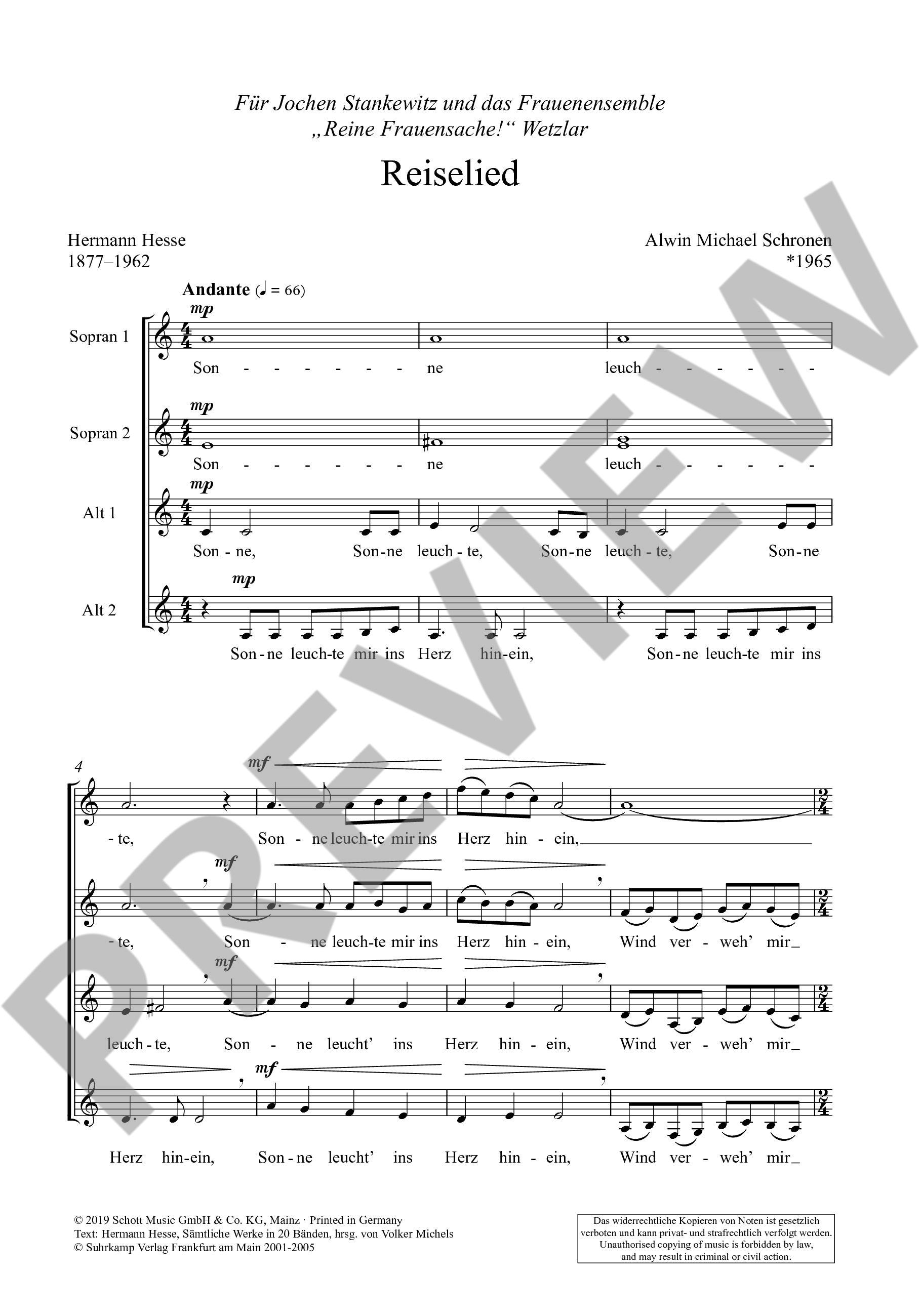 Sample 1 : Schronen, Alwin Michael : Reiselied,  - female choir (SSAA) a cappella - Schott Digital