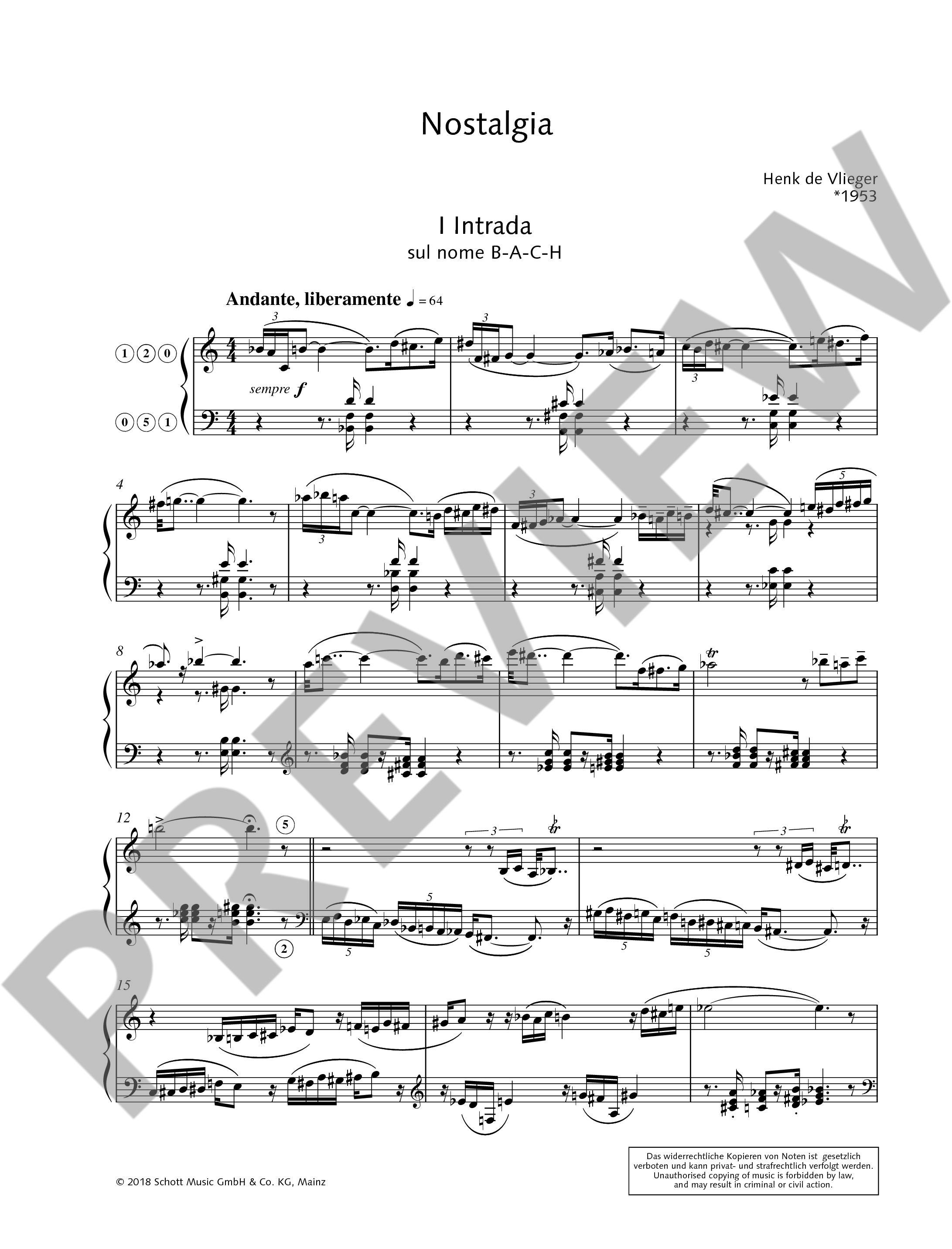 Sample 1 : Vlieger, Henk de : Nostalgia, 6 pieces for harmonium - harmonium - Schott Digital