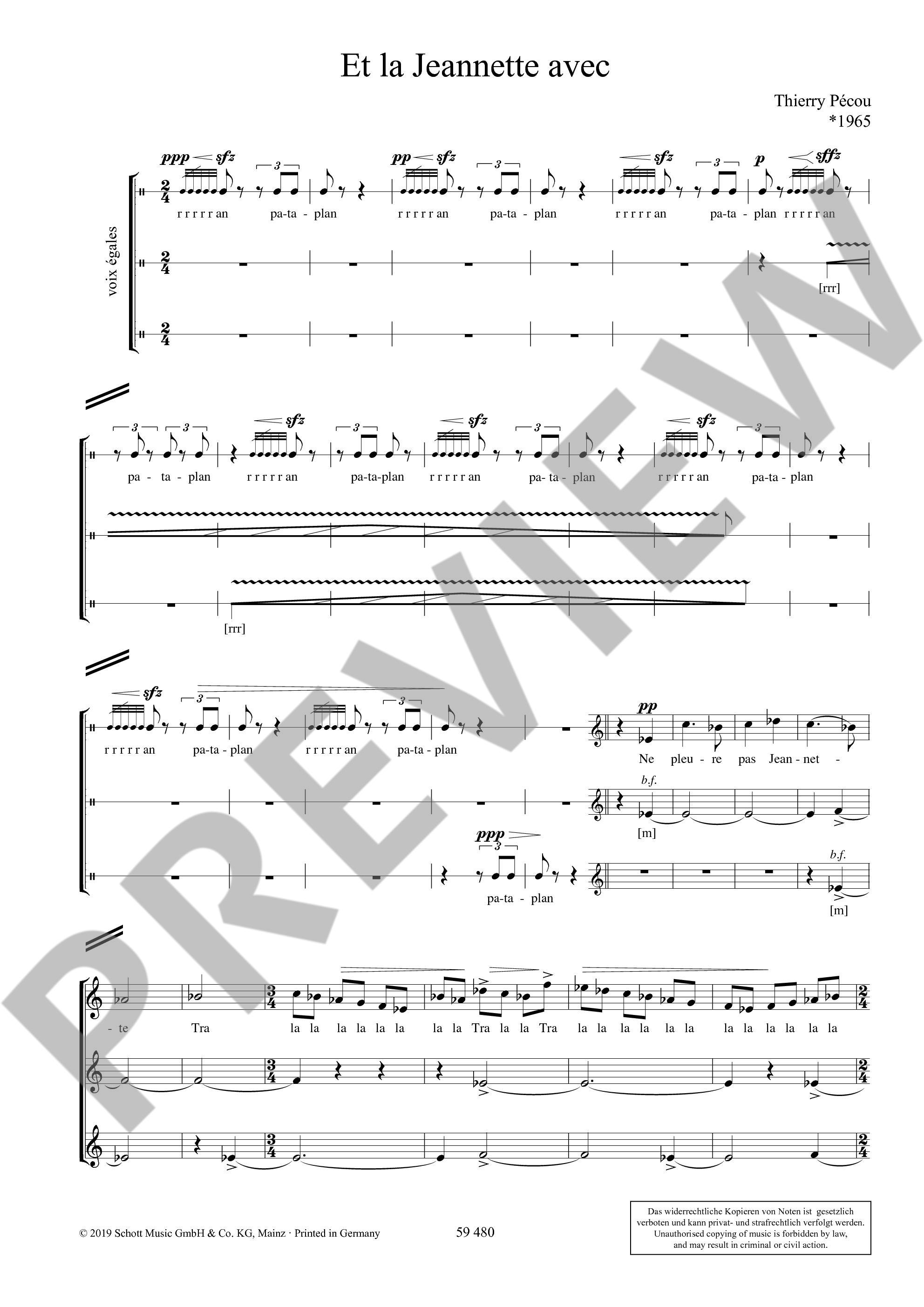 Sample 2 : Pécou, Thierry : Et la Jeannette avec, for choir with equal voices and one bell - choir - Schott Di