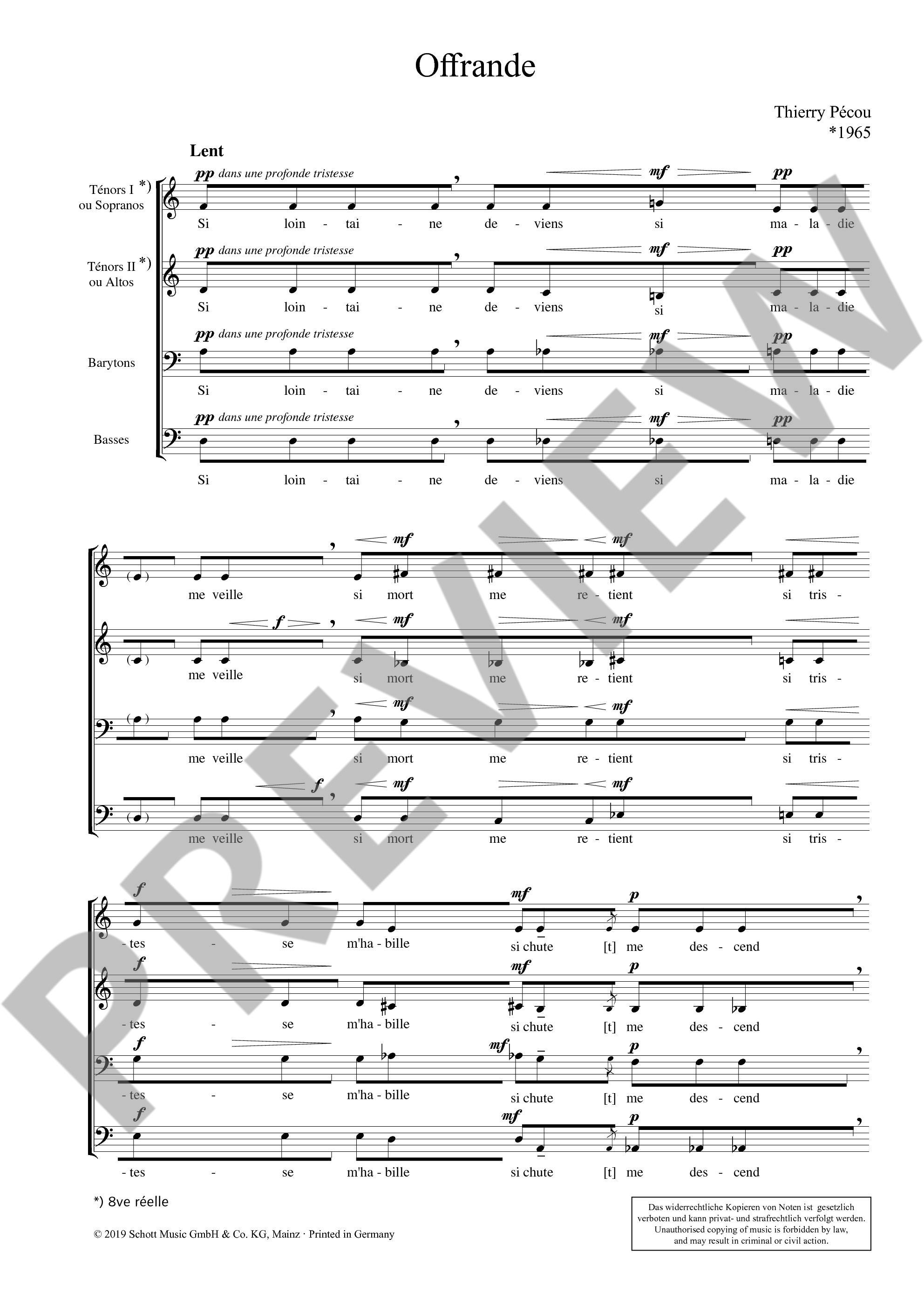 Sample 1 : Pécou, Thierry : Offrande, for men's choir (or mixed choir) - men's choir / mixed choir - Schott Di