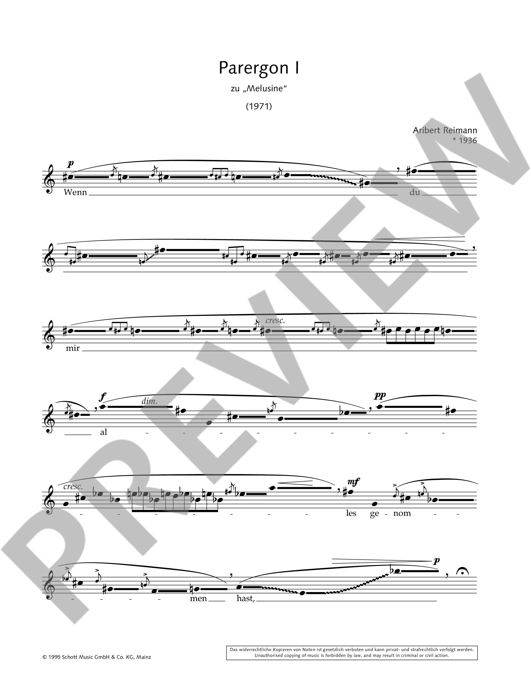Sample 1 : Reimann, Aribert : Parerga, zu "Melusine" - soprano solo - Schott Digital