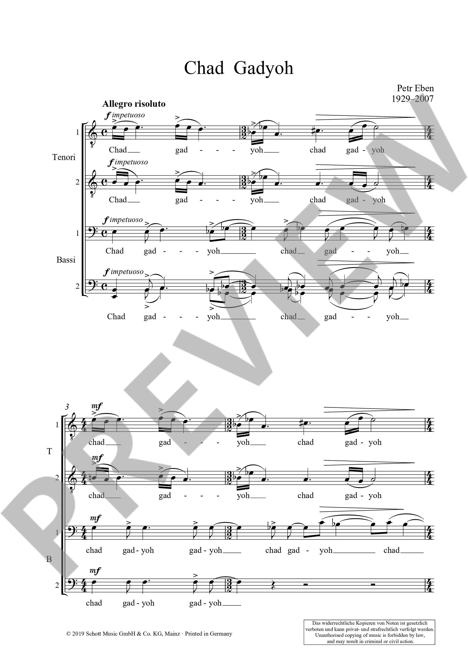 Sample 3 : Eben, Petr : Chad Gadyoh,  - tenor solo and men's choir (TTBB) a cappella - Schott Digital