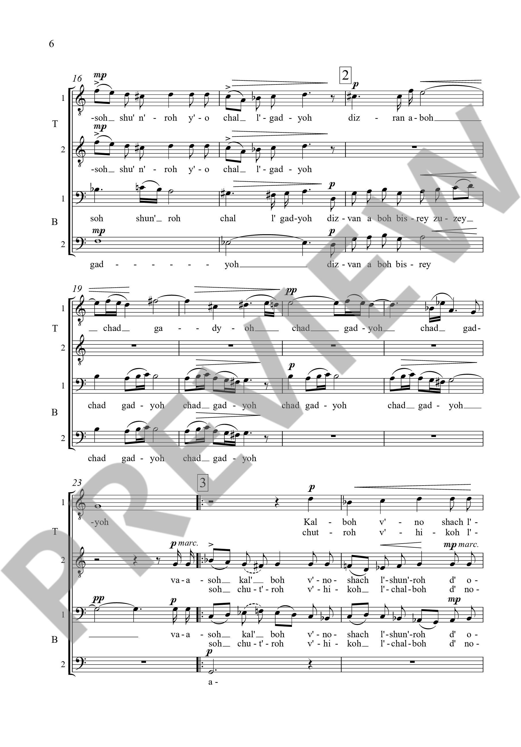 Sample 2 : Eben, Petr : Chad Gadyoh,  - tenor solo and men's choir (TTBB) a cappella - Schott Digital