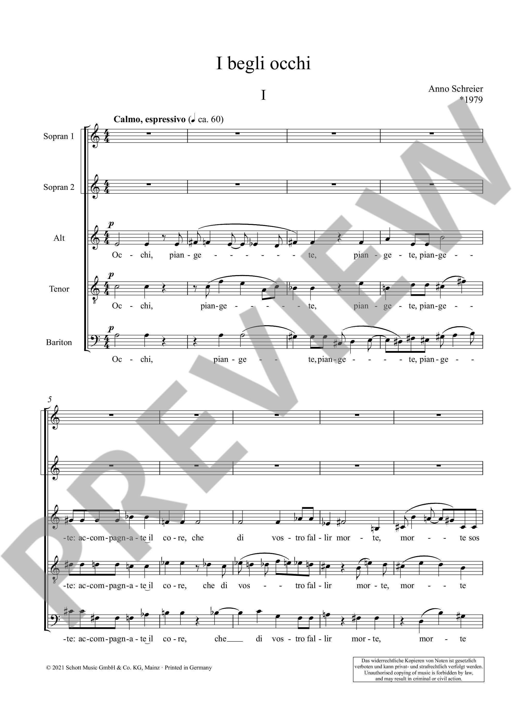 Sample 4 : Schreier, Anno : I begli occhi, 5 sonetti di Petrarca per 5 voci (SSATB) - chamber choir (SSATB) - S