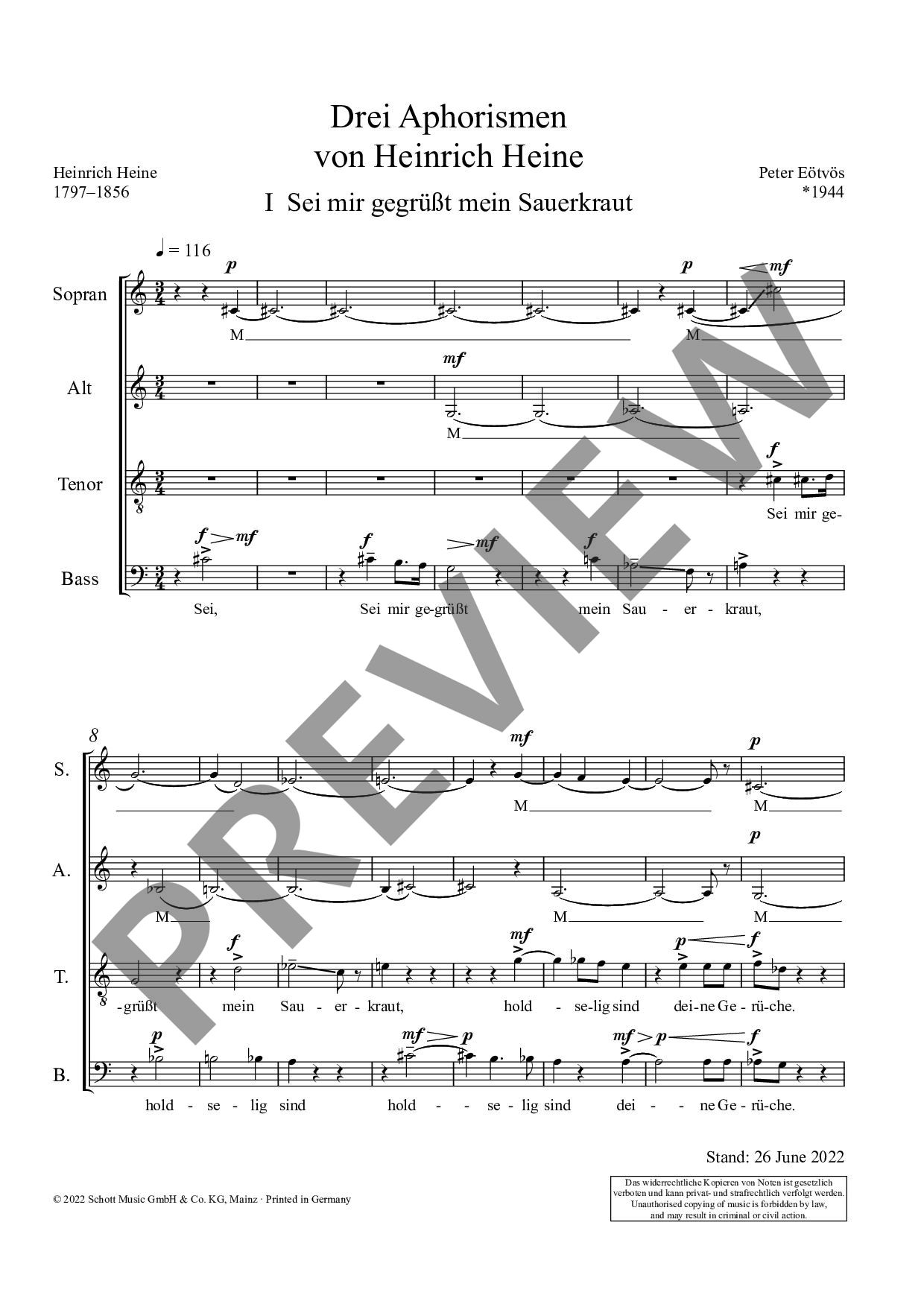Sample 2 : Eötvös, Peter : Drei Aphorismen, for 8-part mixed choir SSAATTBB - choir (SSAATTBB) - Schott Digit