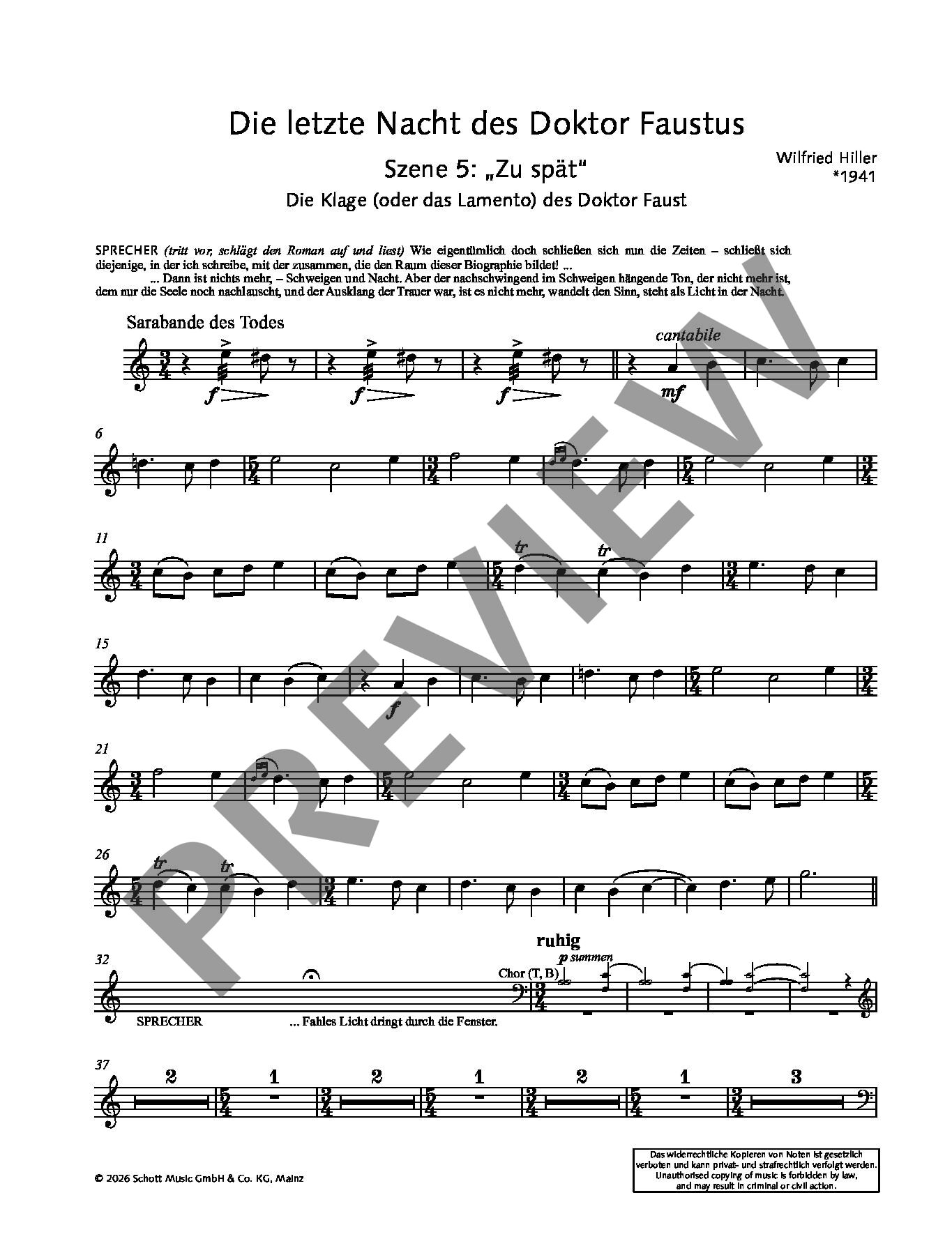 Sample 4 : Hiller, Wilfried : Die Letzte Nacht Des Doktor Faustus, Ein Fragment - Narrator, Choir SATB, Violin