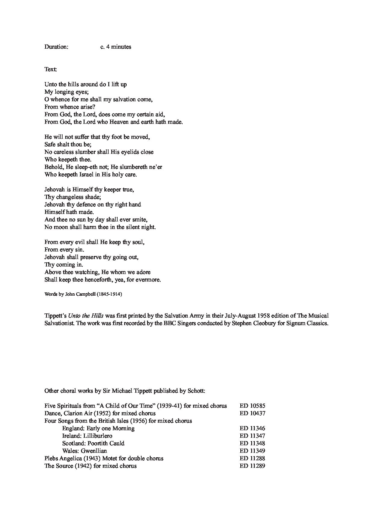 Sample 1 : Tippett, Sir Michael : Unto the Hills 'Wadhurst', for SATB choir - SATB choir - Schott Digital