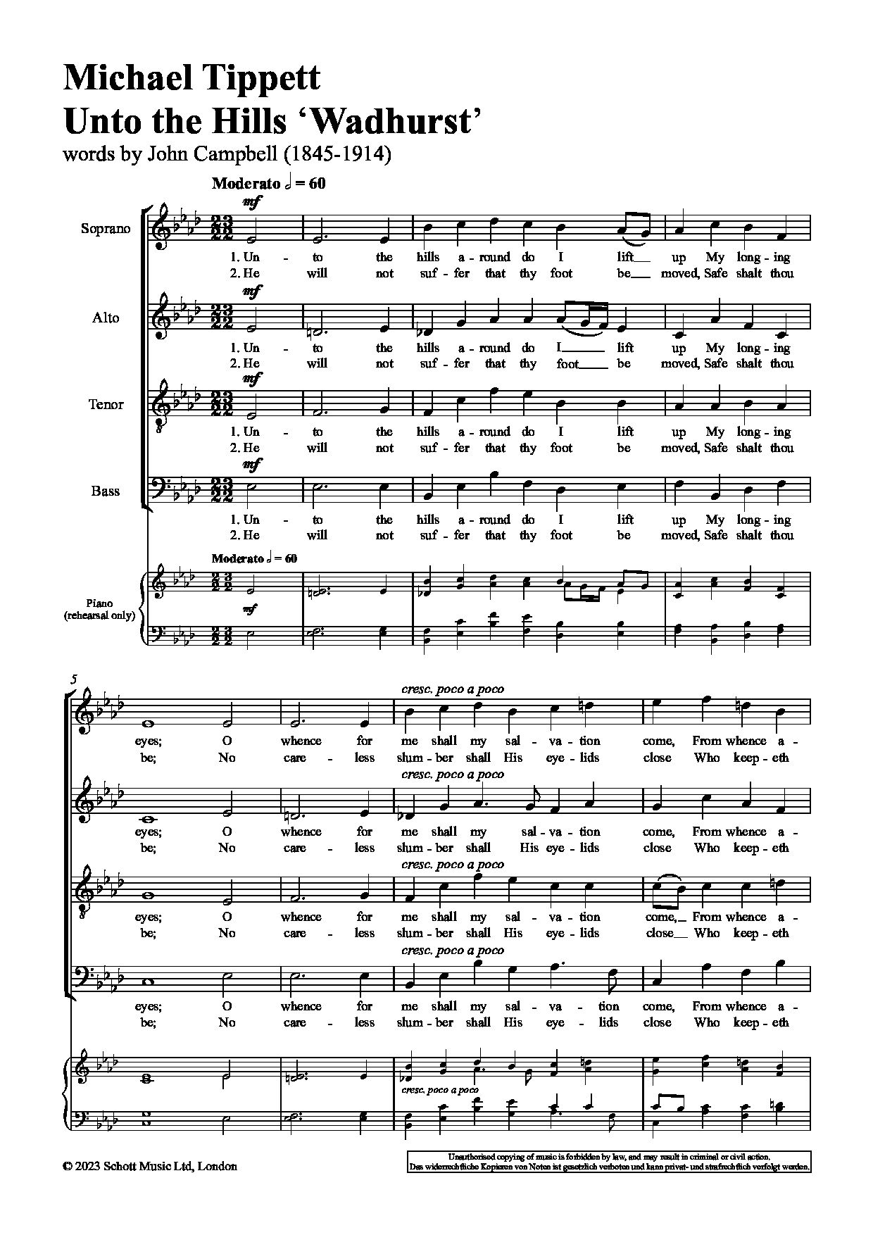 Sample 2 : Tippett, Sir Michael : Unto the Hills 'Wadhurst', for SATB choir - SATB choir - Schott Digital