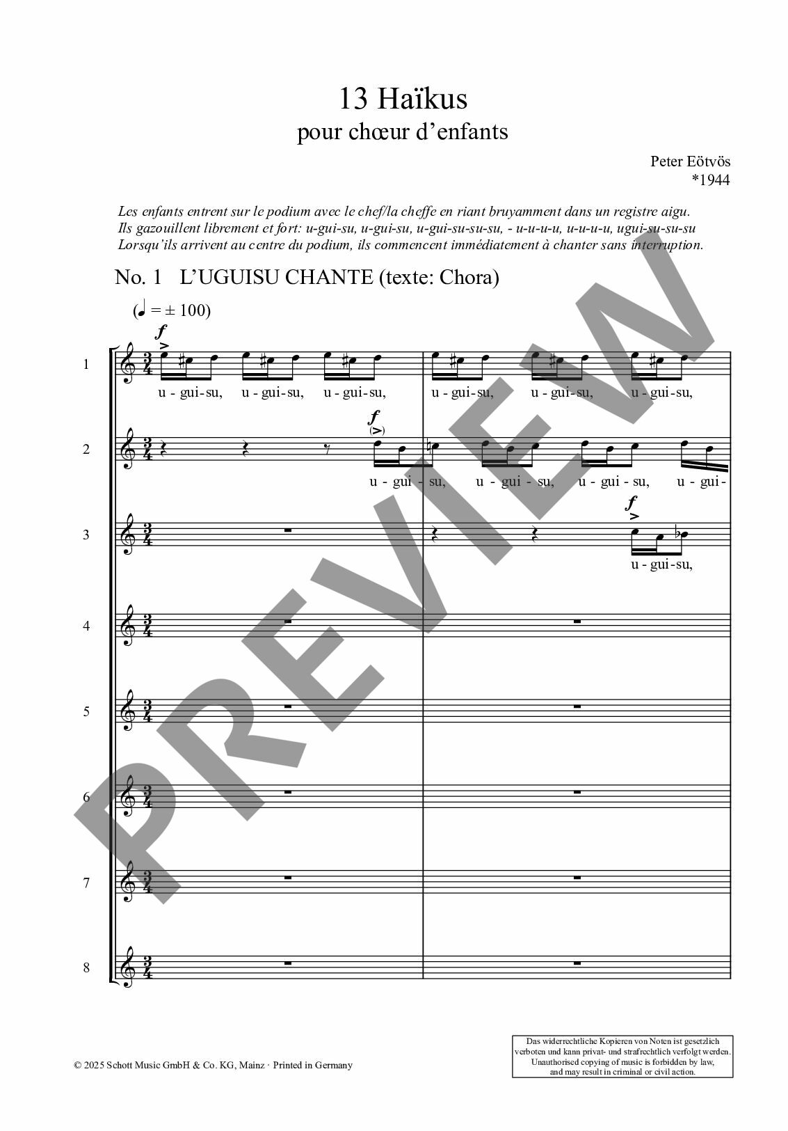 Sample 2 : Eötvös, Peter : 13 Haïkus, pour chœur d'enfants (S/A) - Children's choir - Schott Digital