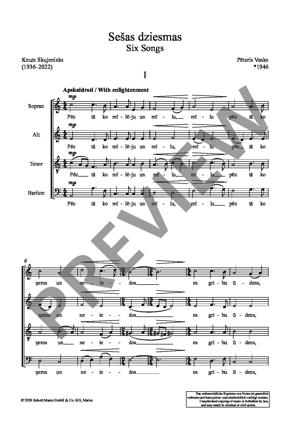 Sample 4 : Vasks, Peteris : Sešas dziesmas (Six Songs), Cycle for choir (SATB) a cappella - choir a cappella (
