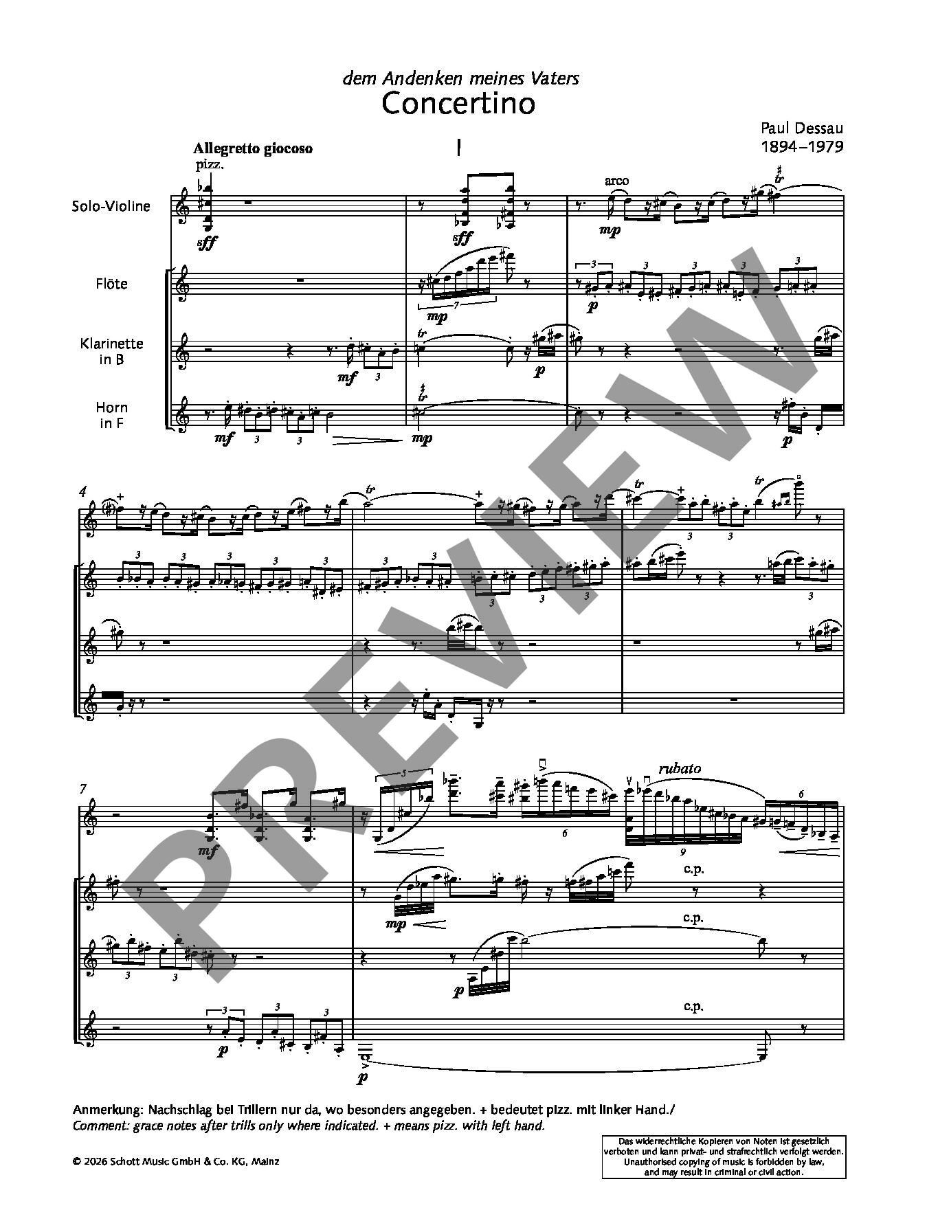 Sample 4 : Dessau, Paul : Concertino, for violin solo with flute, clarinet in Bb and horn in F - violin solo wi