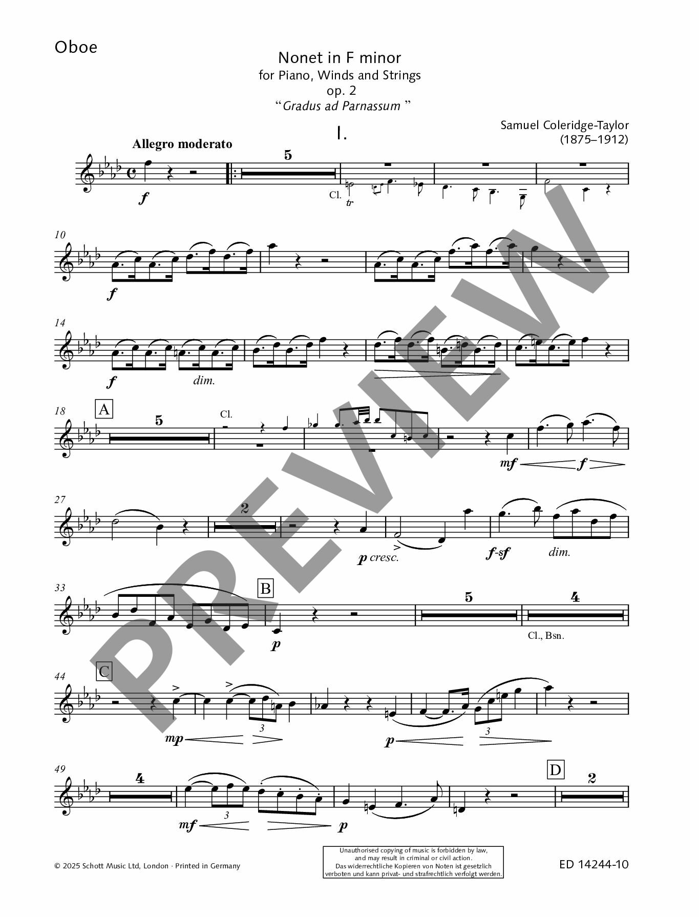 Sample 1 : Coleridge-Taylor, Samuel : Nonet in F minor, “Gradus ad Parnassum” - nonet - Schott Digital