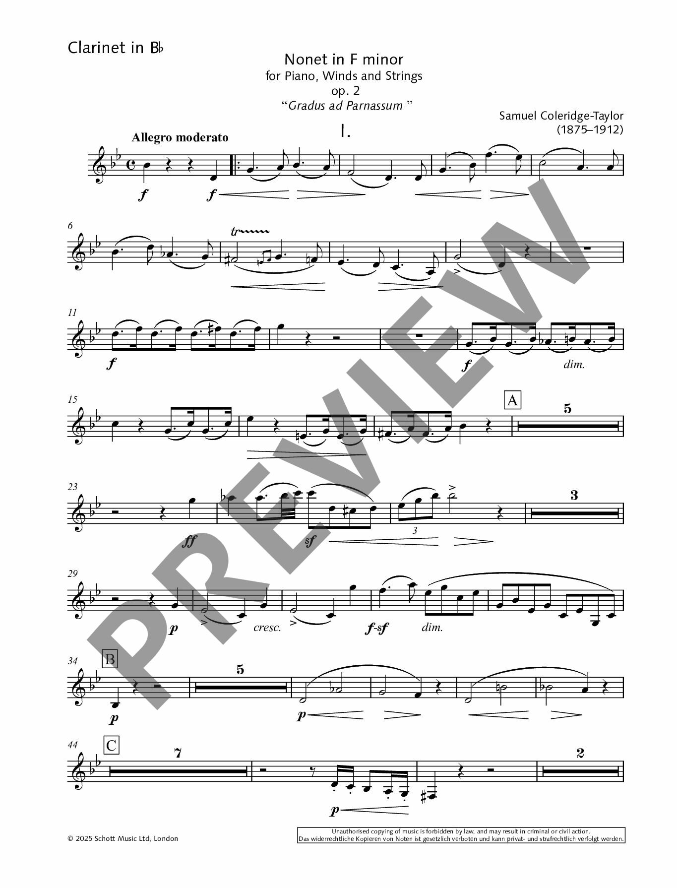 Sample 3 : Coleridge-Taylor, Samuel : Nonet in F minor, “Gradus ad Parnassum” - nonet - Schott Digital