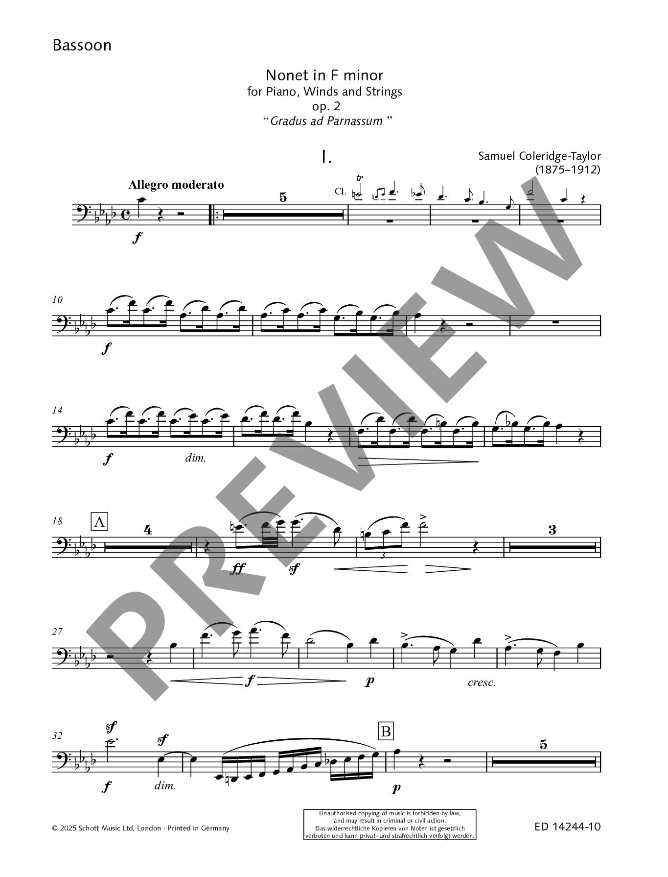 Sample 4 : Coleridge-Taylor, Samuel : Nonet in F minor, “Gradus ad Parnassum” - nonet - Schott Digital