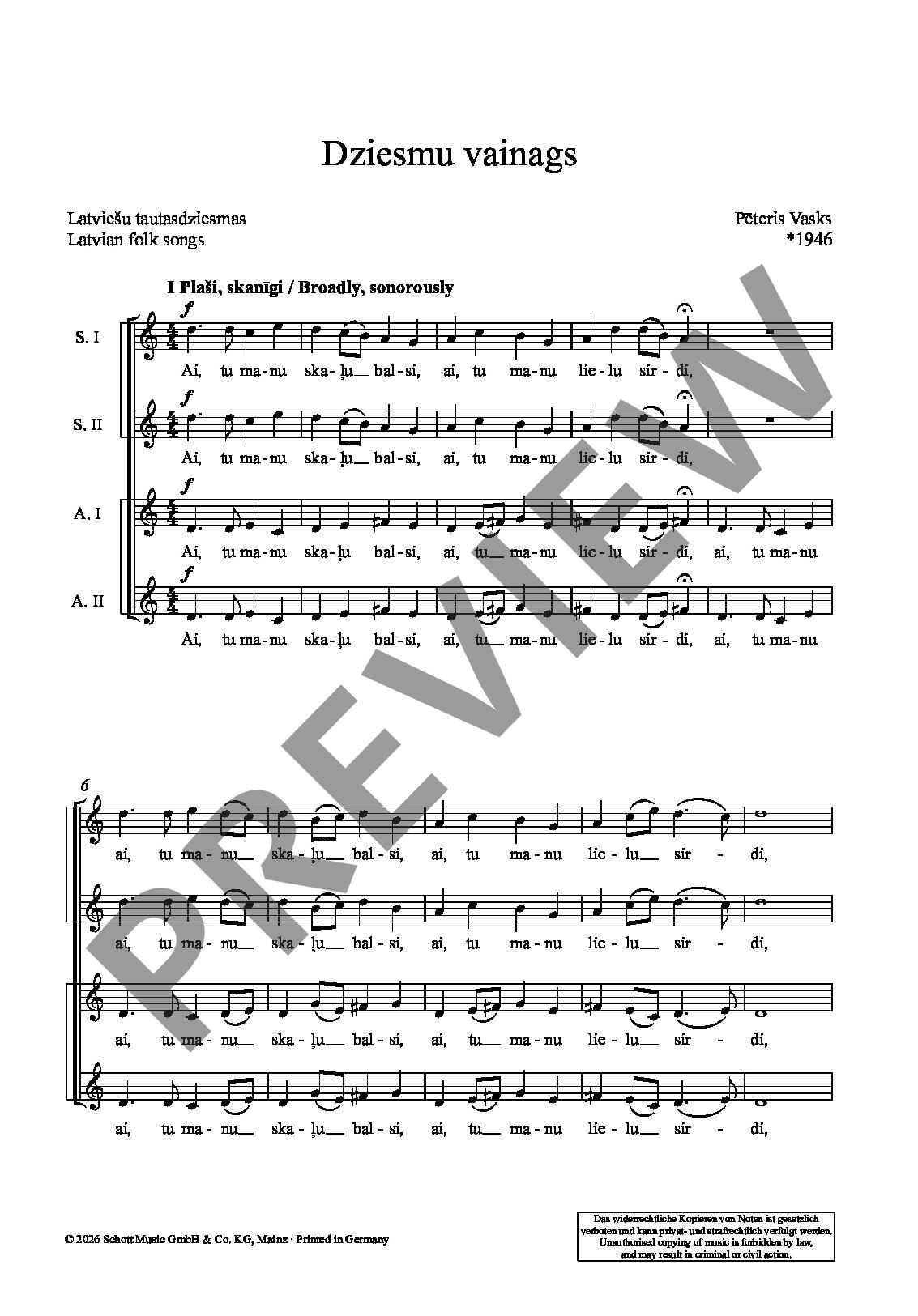 Sample 3 : Vasks, Peteris : Dziesmu vainags, (Liederkranz / Song Wreath) - female choir (SSAA) - Schott Digital