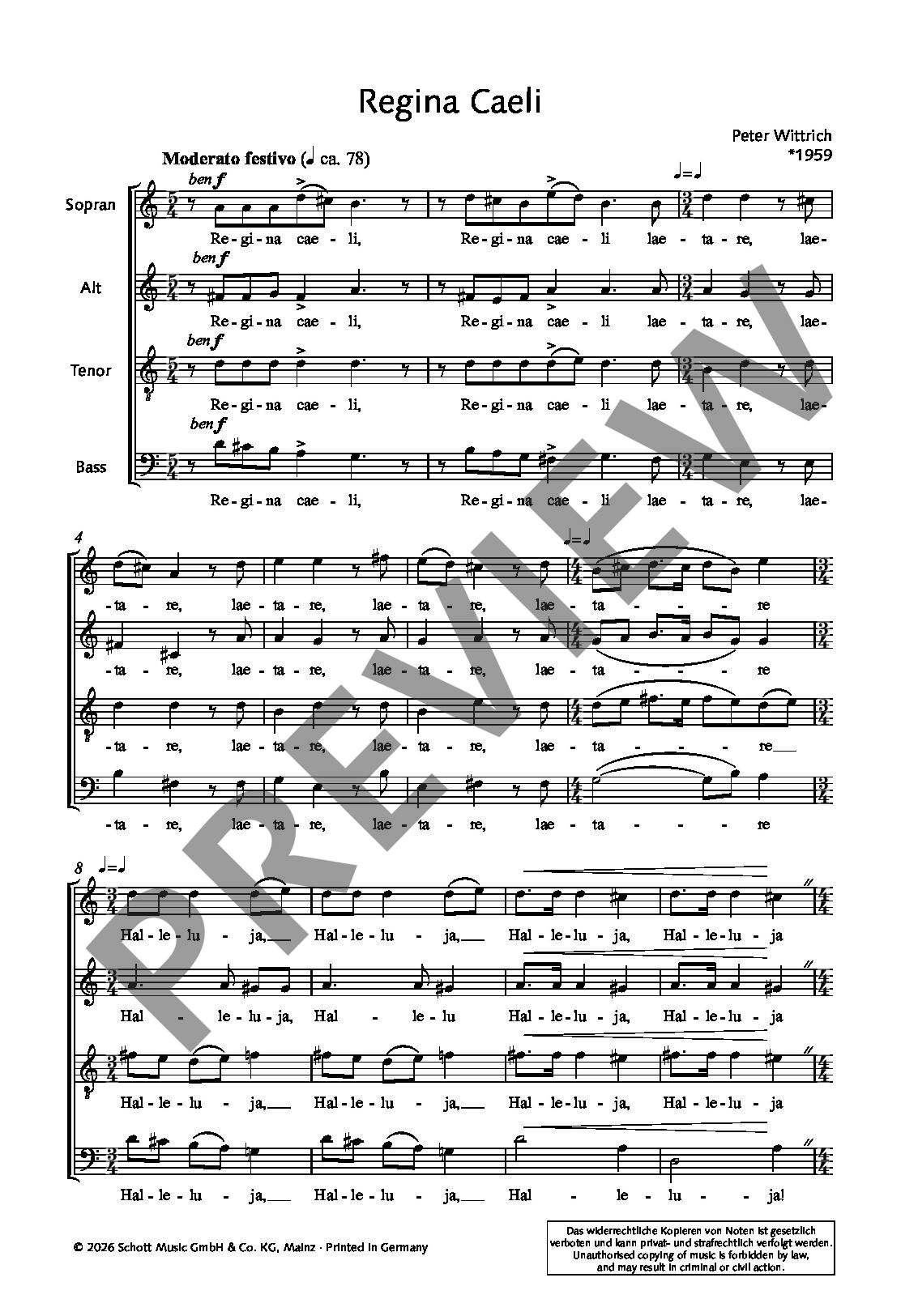Sample 2 : Wittrich, Peter : Regina Caeli, Marian antiphon - mixed choir a capella - Schott Digital
