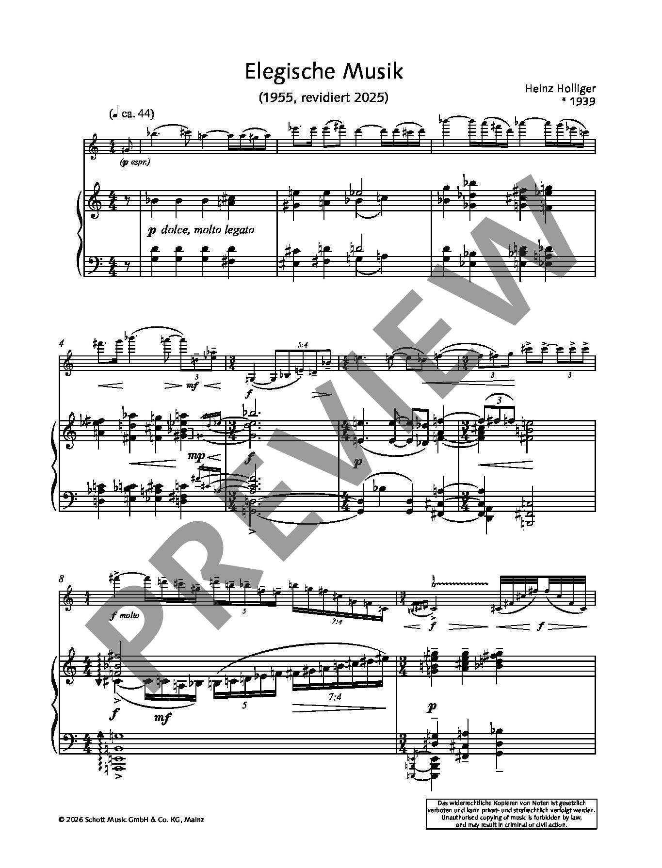 Sample 2 : Holliger, Heinz : Elegiac Music, for violin and piano - violin and piano - Schott Digital