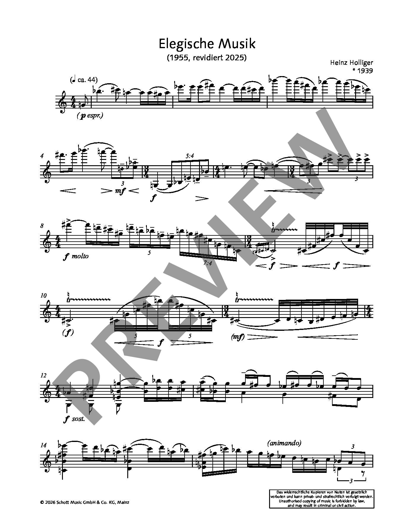 Sample 4 : Holliger, Heinz : Elegiac Music, for violin and piano - violin and piano - Schott Digital
