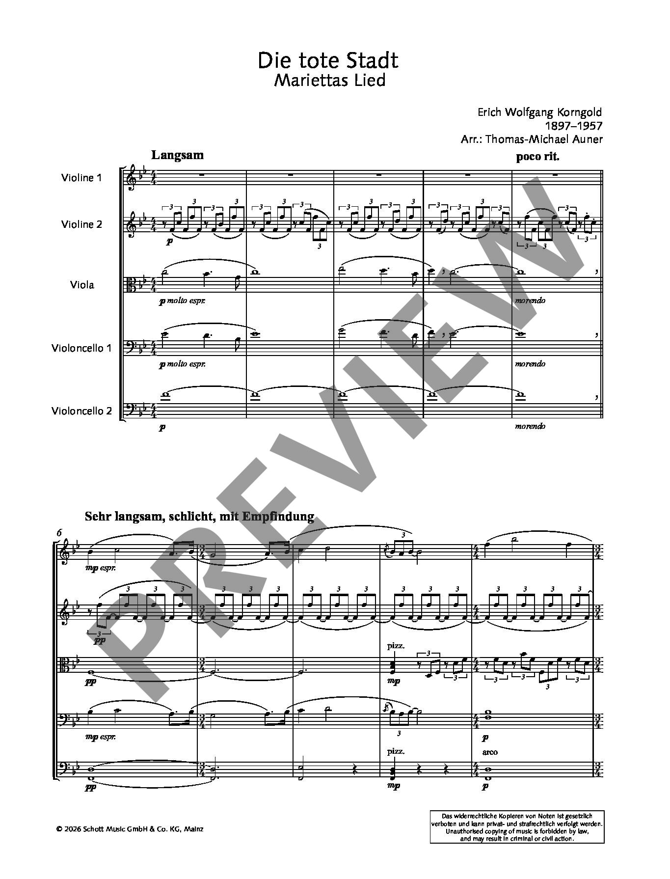 Sample 3 : Korngold, Erich Wolfgang : Die Tote Stadt (The Dead City), Marietta’s Song - 2 Violins, Viola, 2 C