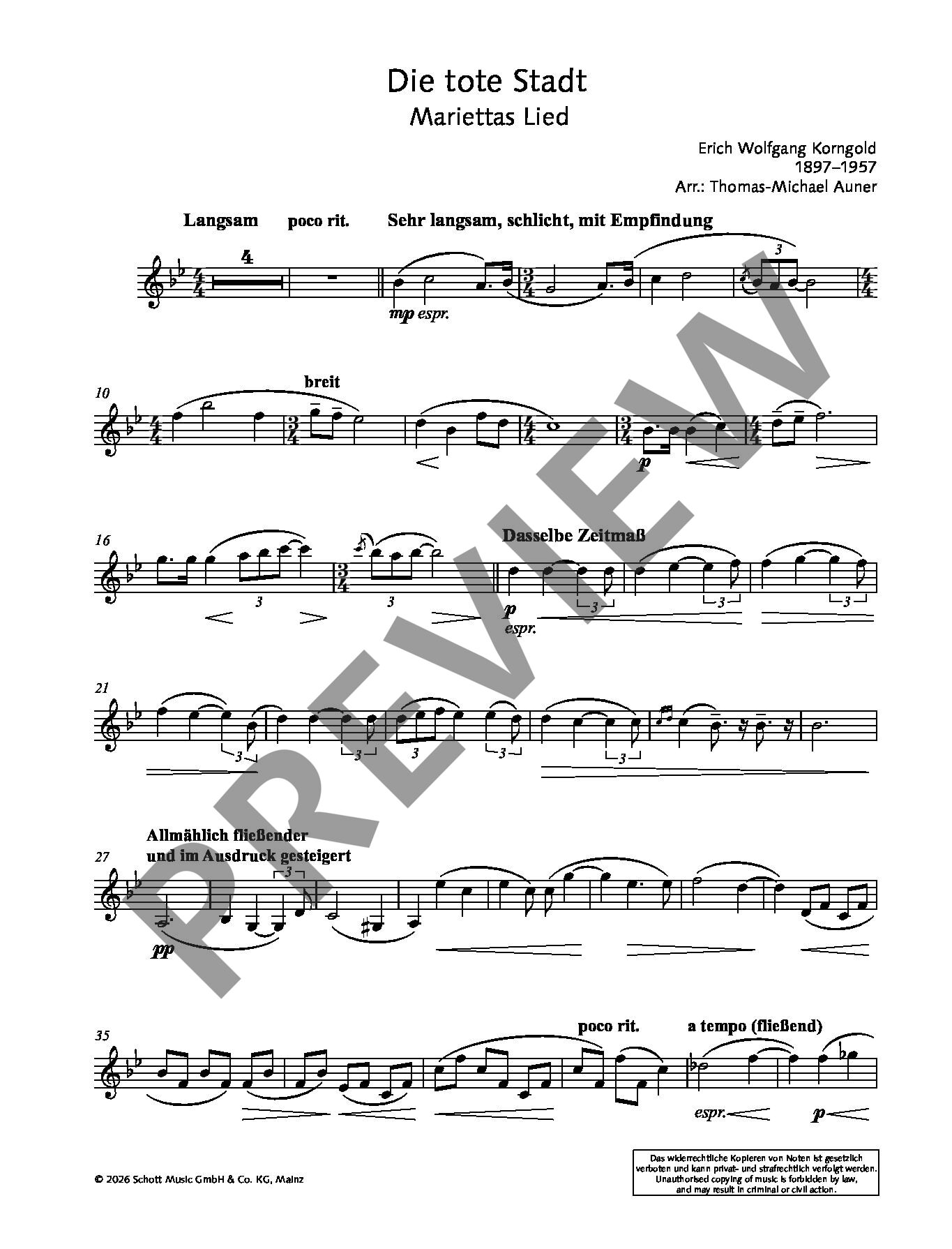 Sample 4 : Korngold, Erich Wolfgang : Die Tote Stadt (The Dead City), Marietta’s Song - 2 Violins, Viola, 2 C