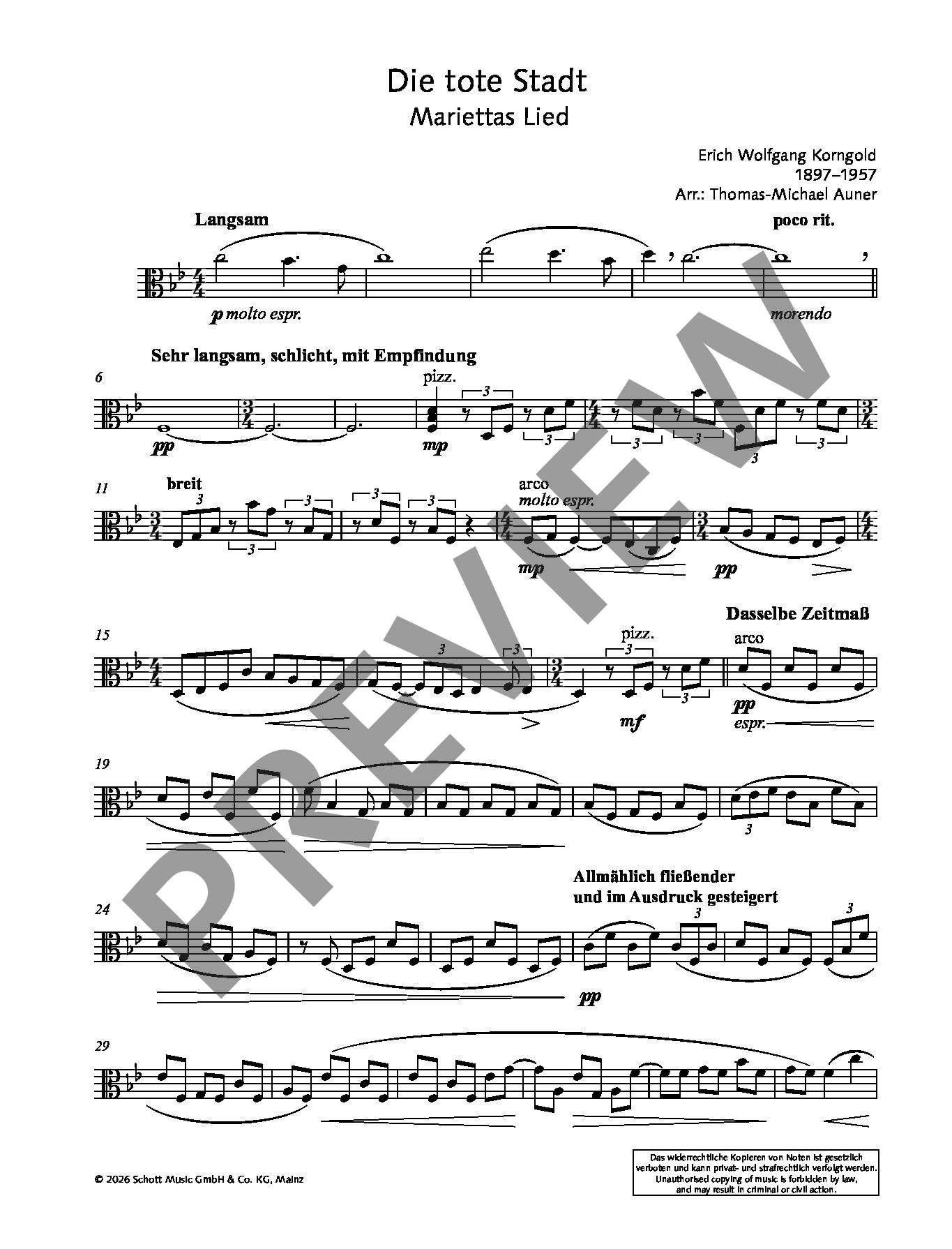 Sample 5 : Korngold, Erich Wolfgang : Die Tote Stadt (The Dead City), Marietta’s Song - 2 Violins, Viola, 2 C