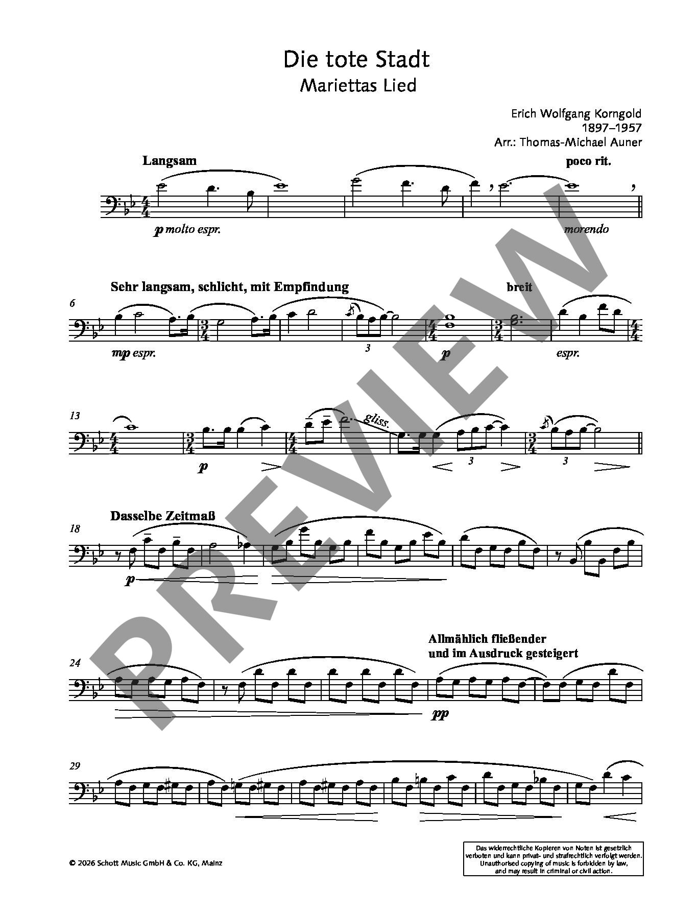 Sample 6 : Korngold, Erich Wolfgang : Die Tote Stadt (The Dead City), Marietta’s Song - 2 Violins, Viola, 2 C