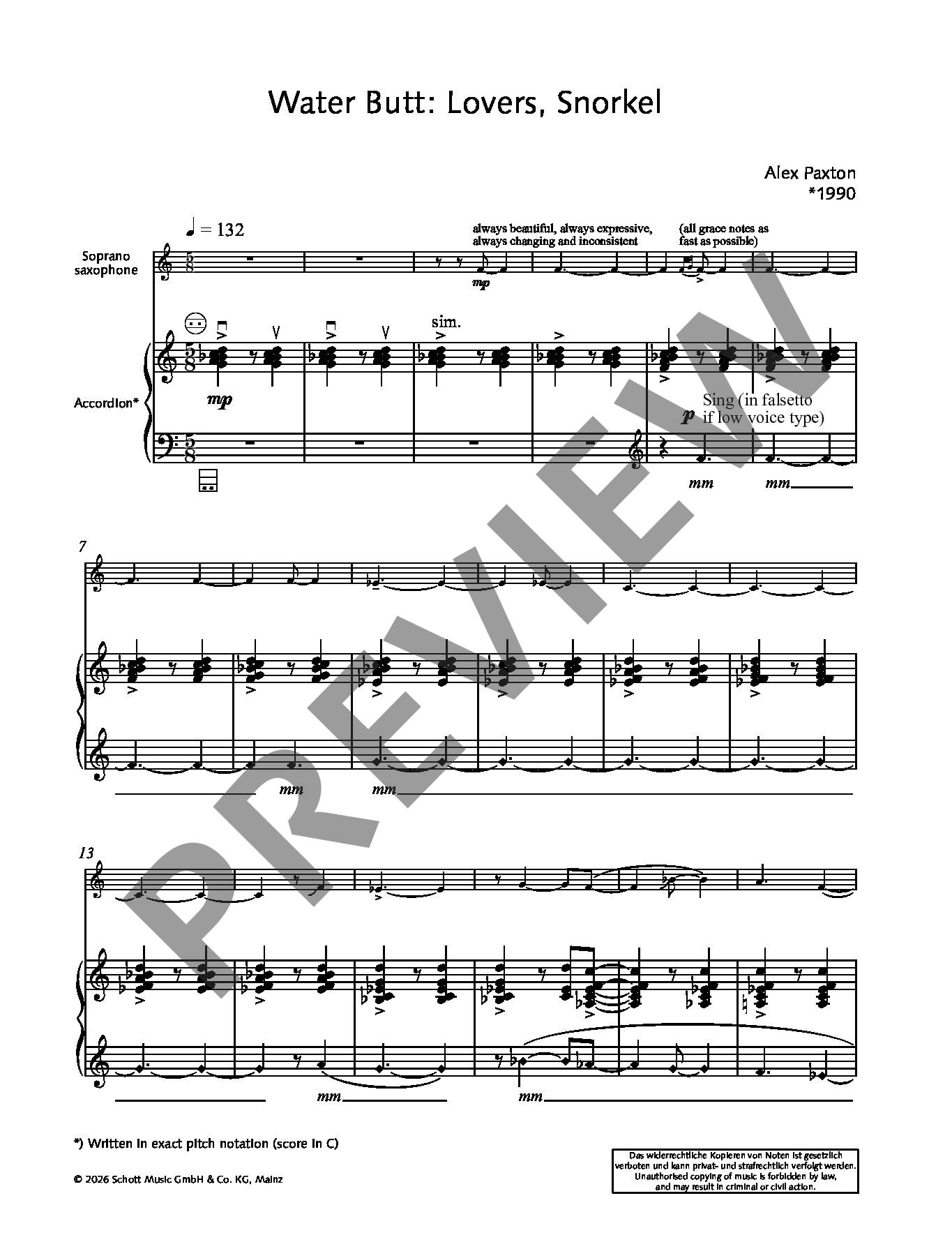 Sample 2 : Paxton, Alex : Water Butt: Lovers, Snorkel, for soprano saxophone and accordion - sopranosaxophone a