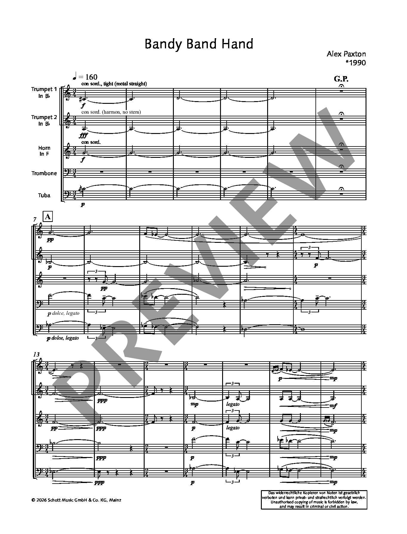 Sample 3 : Paxton, Alex : Bandy Band Hand, for brass quintet - 2 trumpets, horn, trombone and tuba - Schott Dig