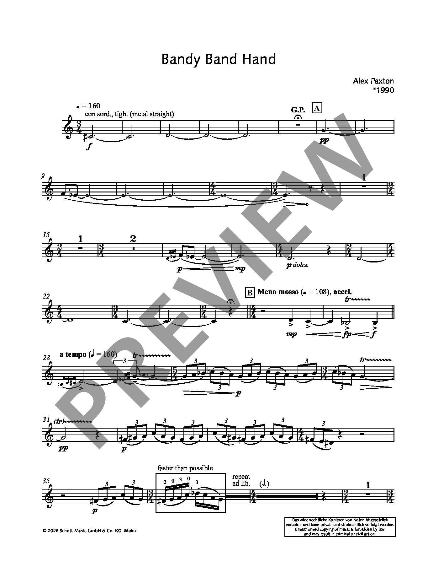 Sample 4 : Paxton, Alex : Bandy Band Hand, for brass quintet - 2 trumpets, horn, trombone and tuba - Schott Dig