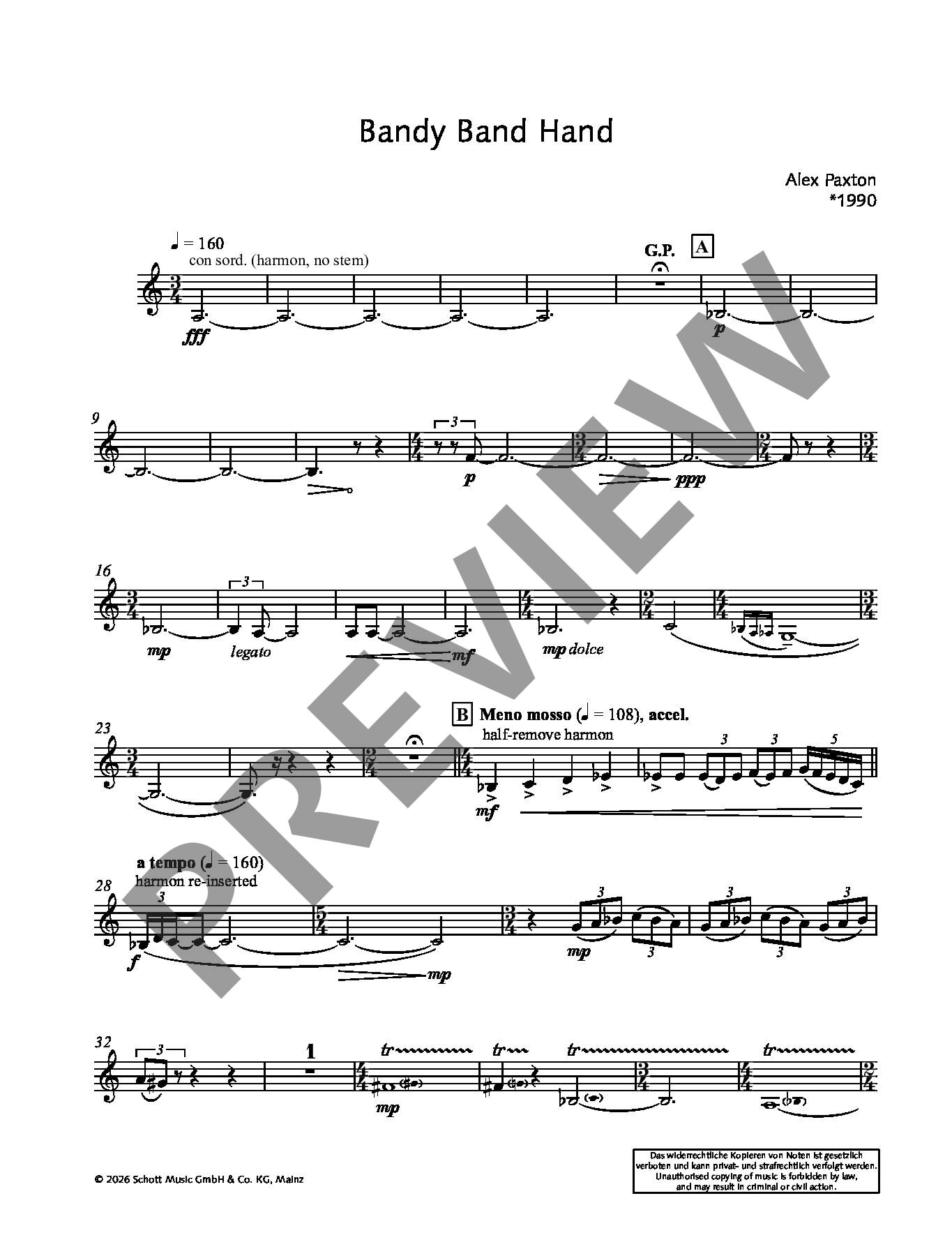 Sample 5 : Paxton, Alex : Bandy Band Hand, for brass quintet - 2 trumpets, horn, trombone and tuba - Schott Dig