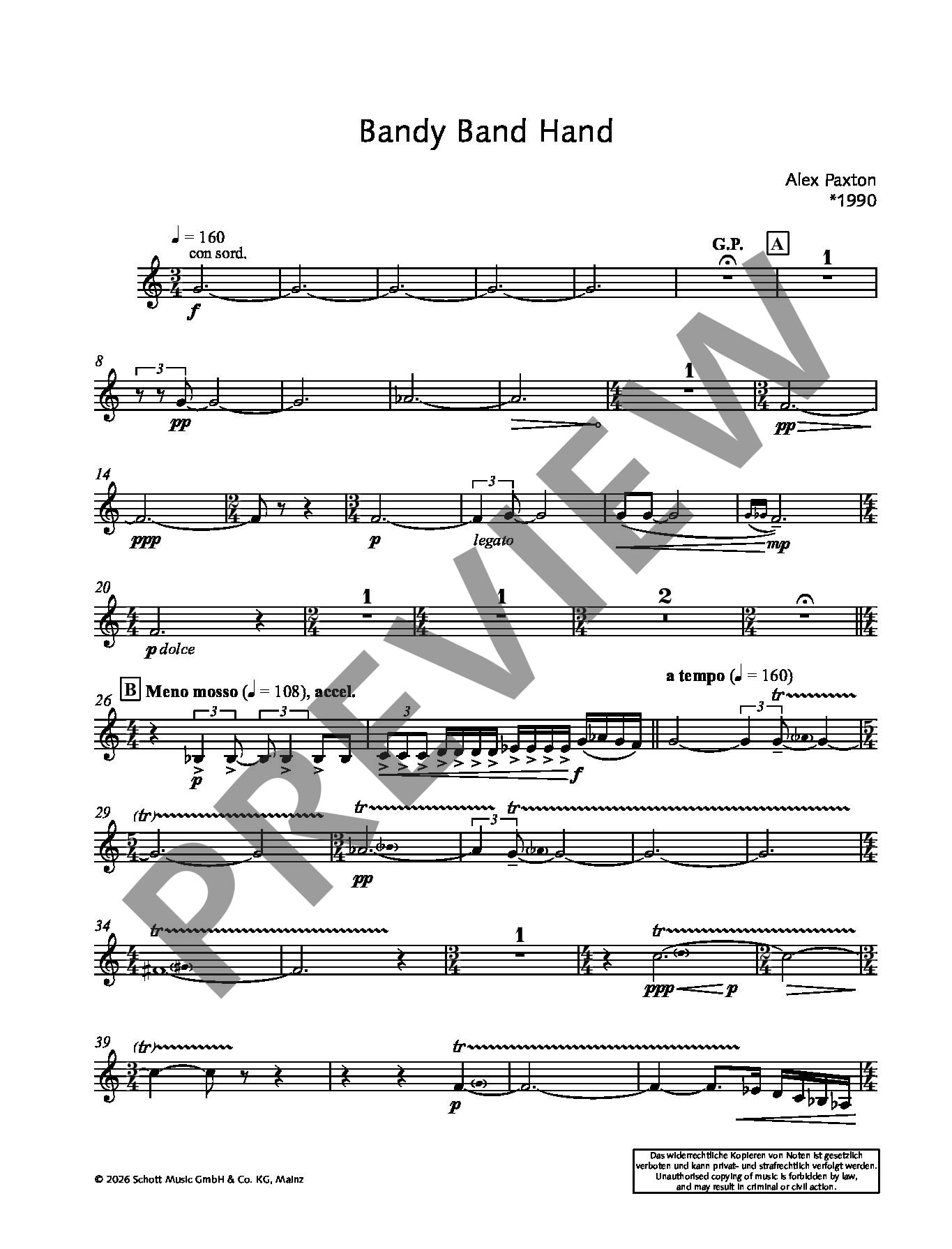 Sample 1 : Paxton, Alex : Bandy Band Hand, for brass quintet - 2 trumpets, horn, trombone and tuba - Schott Dig