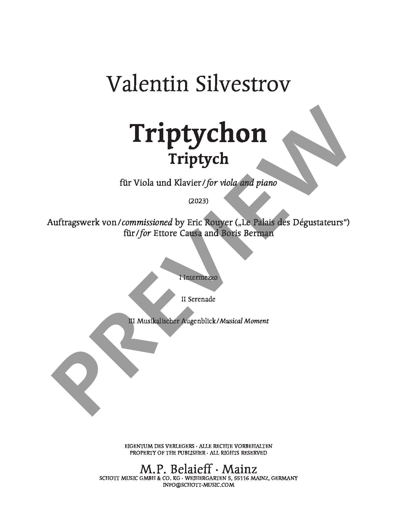 Sample 2 : Silvestrov, Valentin : Triptych, for viola and piano - viola and piano - Schott Digital