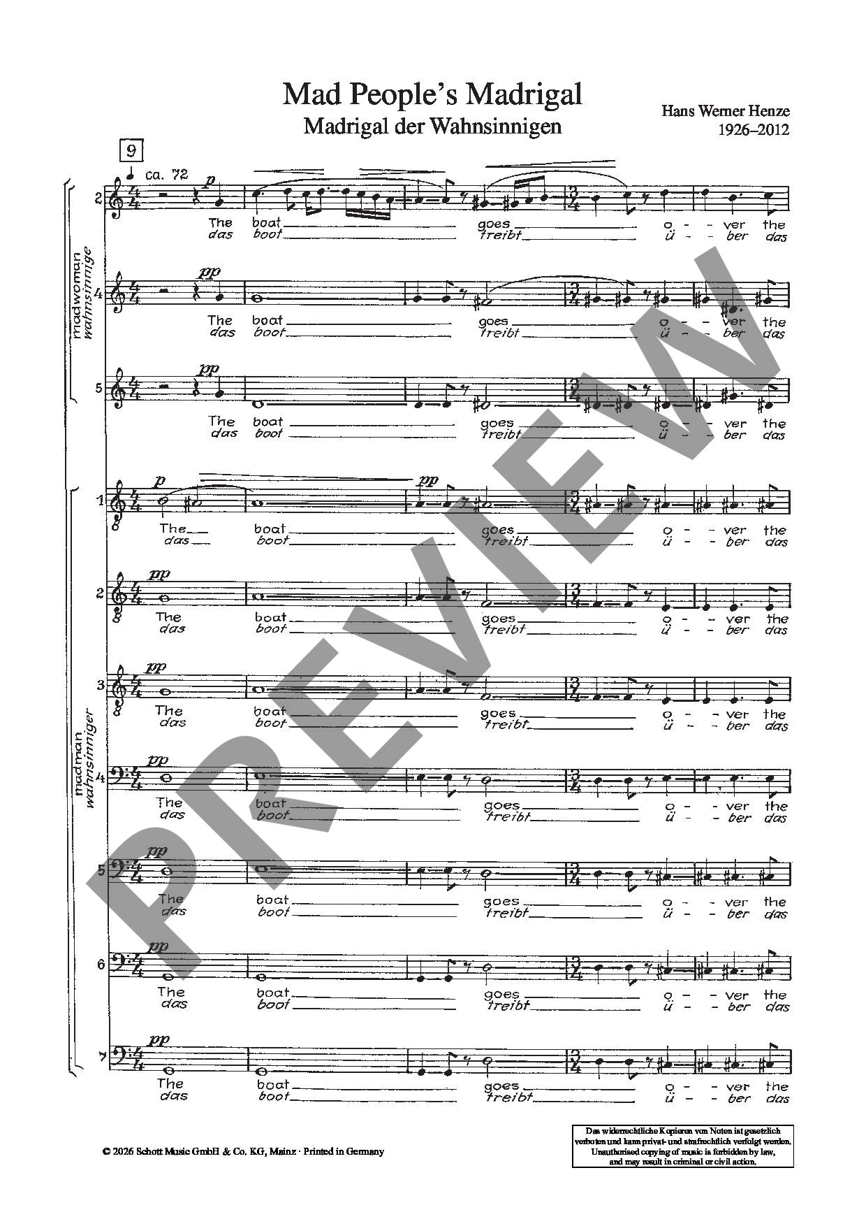 Sample 2 : Henze, Hans Werner : Mad People's Madrigal, for mixed chorus (SSMezAATTBarBarBB) a capella - mixed c