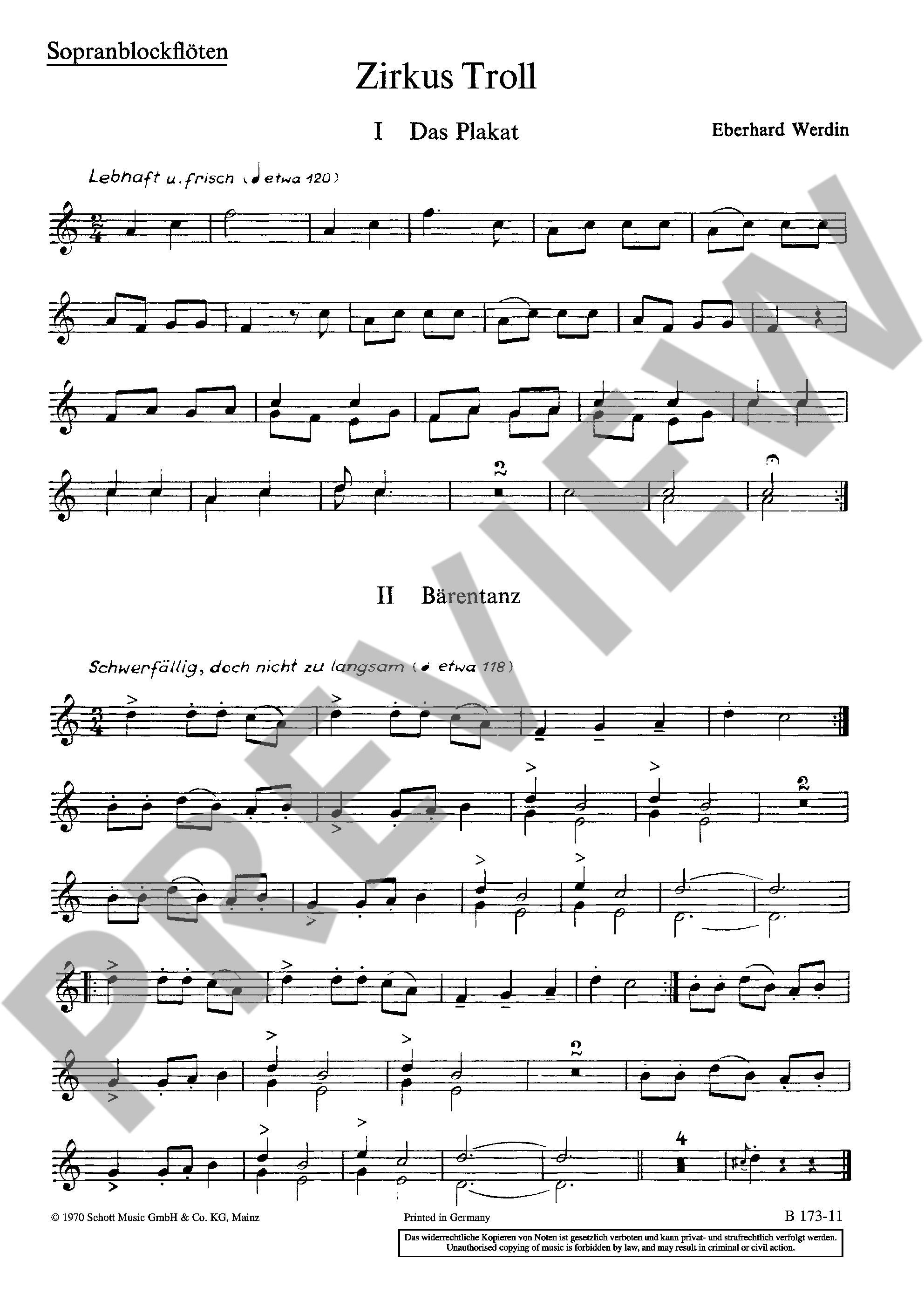 Sample 1 : Werdin, Eberhard : Zirkus Troll, Ein Spiel für Kinder - children's choir (SMez) with instruments (2